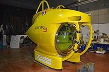 Ictineu 3 is a crewed submersible with a large semi-spheric acrylic glass viewport and is capable of reaching depths of 1,200 m (3,900 ft). Ictineu 3 submersible.JPG