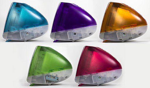 Lineup of iMacs in five different colors, side view