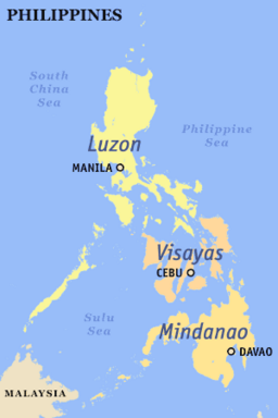 Kart med dei største øygruppene i Filippinane, Luzon, Visayaøyane og Mindanao.