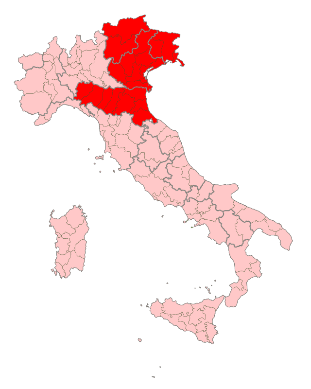 "A picture showing Northeast Italy highlighted in red in a political map of Italy."