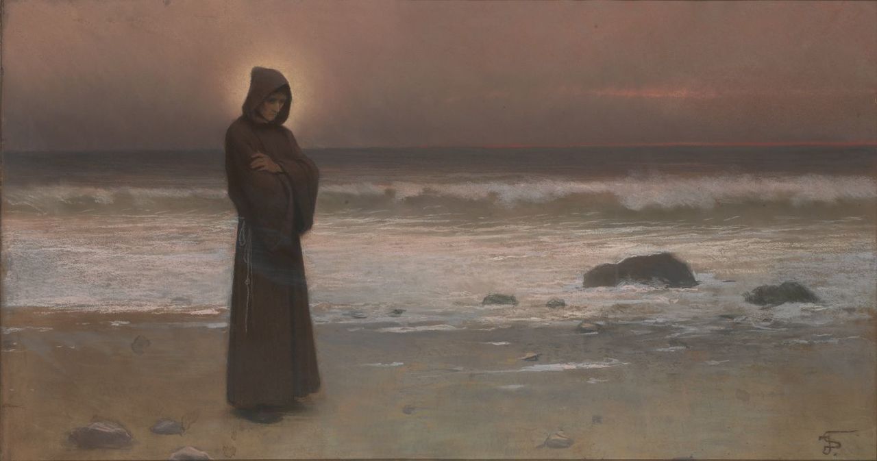 Jakub Schikaneder - Kontemplace, Mnich na mořském břehu (pastel na papíře).jpg