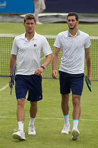 James Ward of Great Britain and Matthew Ebden of Australia playing doubles at the Aegon Surbiton Trophy in Surbiton, London.