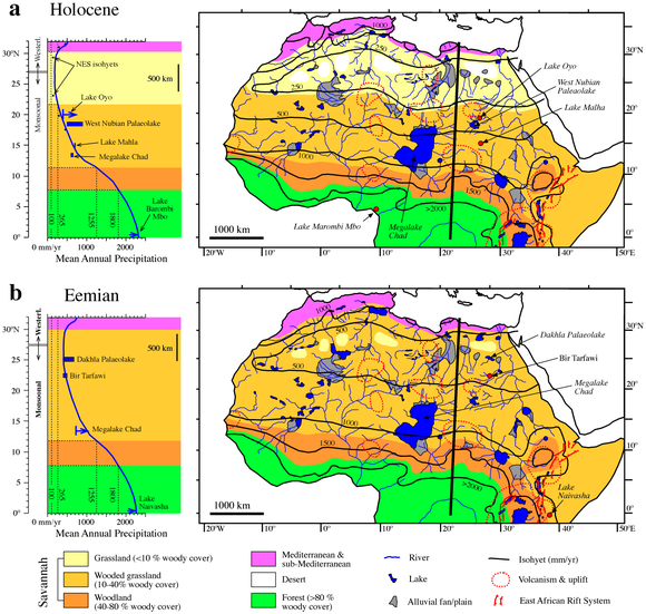 Vegetation and water bodies in early Holocene (top), between about 12,000 and 7,000 years ago, and Eemian (bottom)
