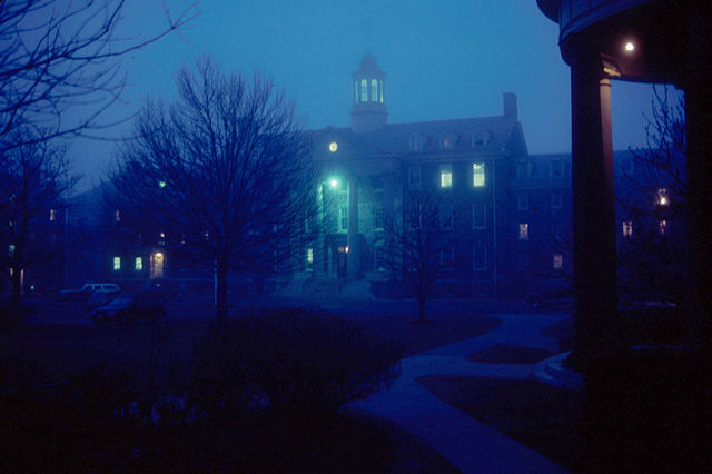 A view of the A&A, North Pole Bay, and Cochran Bay from across the Quad in a spring fog