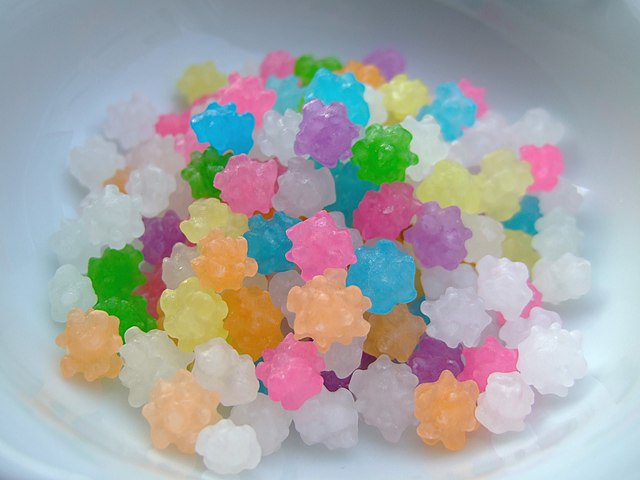 Konpeitō is a traditional Japanese sugar candy. When finished, it is almost 100% solid sugar.