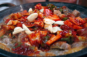 Kkomjangeo bokkeum (ggomjangeo boggeum), Korean stir-fried fish dish made with inshore hagfish. Korean cuisine-Kkomjangeo bokkeum-01.jpg