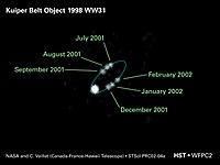 Hubble image composite from 2001 to 2002 of 1998 WW31 with its satellite on a long, 587-day orbit Kuiper Belt Object 1998 WW31.jpg