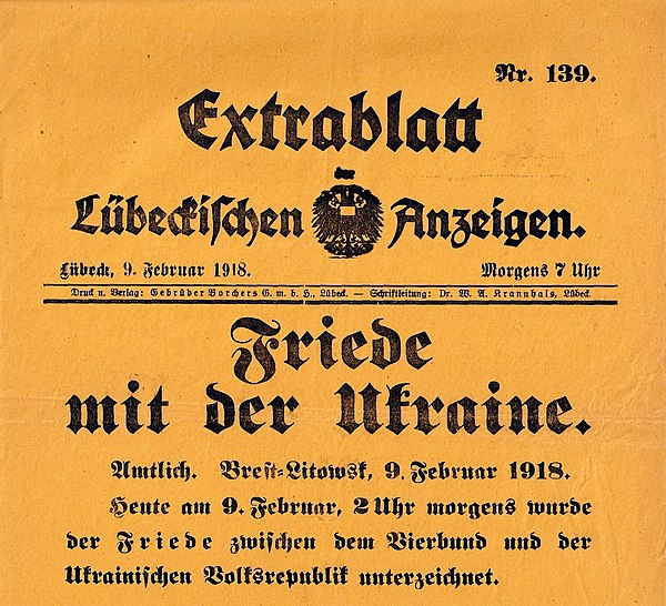 Special edition of the German Lübeckische Anzeigen newspaper dated 9 February 1918. The headline says "Peace with the Ukraine".