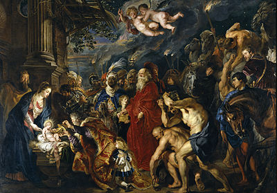 Adoration of the Magi (1609-1629) by Rubens (355.5 cm (11.6 ft) x 493 cm (16.1 ft) La adoracion de los Reyes Magos (Rubens, Prado).jpg