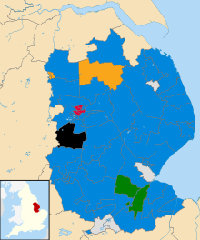Map showing the results of the 2021 Lincolnshire County Council election. Lincolnshire UK local election 2021 map.svg