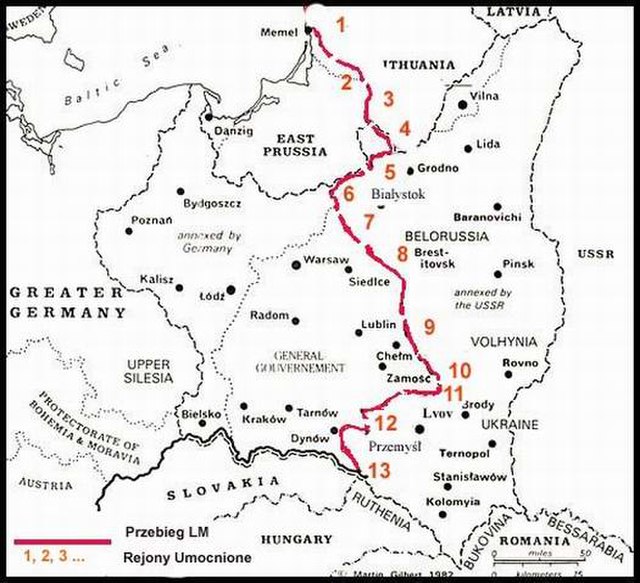 Fortified Regions, (1939–41) of the Molotov Line, 1. Telšiai, 2. Šiauliai, 3. Kaunas, 4. Alytus, 5. Grodno, 6. Osowiec, 7. Zambrów, 8. Brest, 9. Kovel