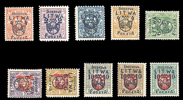 Lithuanian postage stamps with Polish overprints of Central Lithuania (Środkowa Litwa), made in 1920