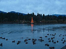 Lost Lagoon, showing Jubilee Fountain decorated for Christmas in December 2006.