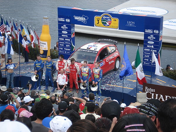 2008 Rally Mexico podium ceremony with Loeb, Atkinson and Latvala.