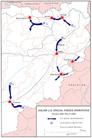מפת המבצעים העיקריים של הכוחות המיוחדים של ארצות הברית, מאוקטובר 2001 עד מרץ 2002, כולל גבולות הוולאיאת האפגניות