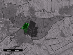 The town centre (dark green) and the statistical district (light green) of Reeuwijk in the municipality of Reeuwijk.