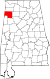 Harta statului Alabama indicând comitatul Marion