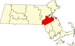 Норфолк округін бөліп көрсететін Массачусетс картасы