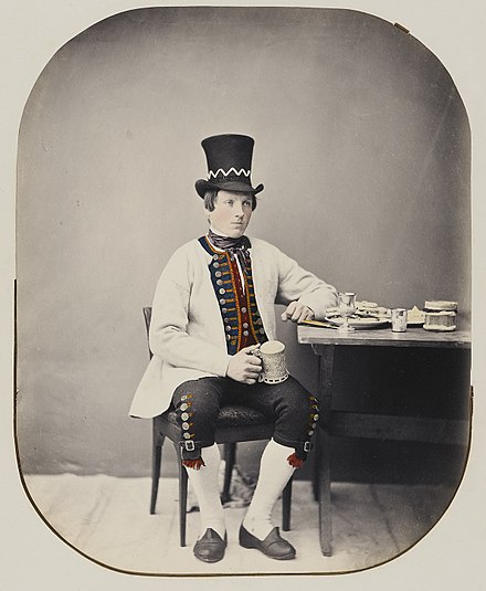 A bridegroom from Bjerkeland near Bergen wearing folk costume and slip-on shoes, photo before 1870. Credit: Marcus Selmer