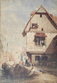 Vue de ville animée de personnages, vers 1850 (aquarelle rehaussée de gouache; 34 × 23,5 cm), Liège, musée de la Vie wallonne.