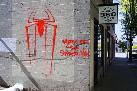 Graffiti of the Spider-Man logo in Seattle, Washington, painted by operatives for the viral campaign for The Amazing Spider-Man.