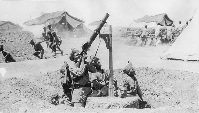 Indian anti-aircraft machine gunners in action during Mesopotamian campaign.