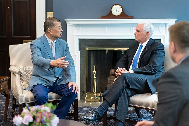 Jimmy Lai in July 2019 during a meeting with U.S. Vice President Mike Pence regarding Hong Kong's pro-democracy protest, which was accused by pro-Beij