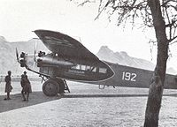 Swissair Fokker F.VIIb-3 m (CH-192) piloted by Walter Mittelholzer in Kassala (Sudan), February 1934.