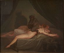 Ölgemälde „Mareridt“ von Nikolaj Abraham Abildgaard um 1800: Ein fratzenhafte Gestalt hockt auf einer nackten, schlafenden Frau