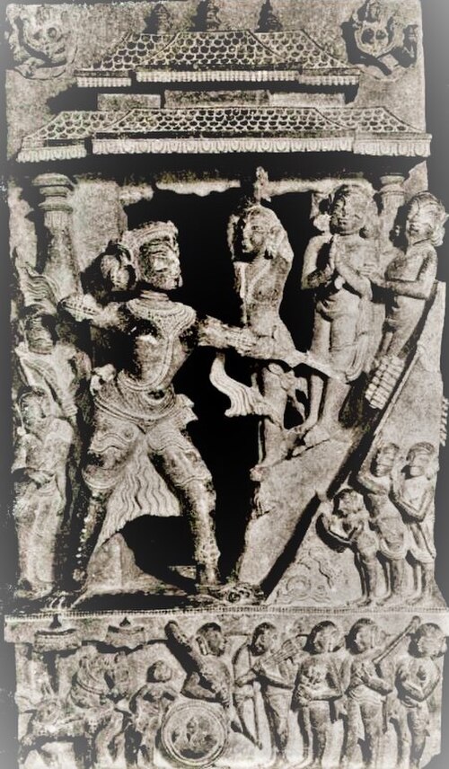 Broken stone panel from Konark ruins depicting Narasingha Deva I practicing archery