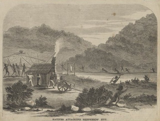 Samuel Calvert's depiction of Aboriginals attacking a shepherds' hut as released in The Illustrated Melbourne Post.
