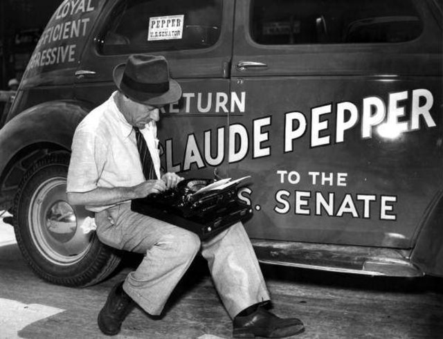 Newsman covering U.S. Senator Claude Pepper's campaign in 1938.