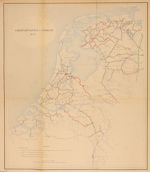 Bestaande en (in rood) voorgenomen vaarwegen uit de Kanalenwet van 1878. De wet werd verworpen en de Keulse Vaart bleef tot aan de aanleg van het Merwedekanaal de verbinding van Amsterdam met de Rijn