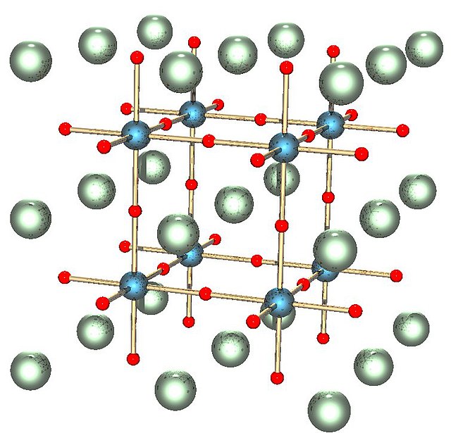 The perovskite crystal structure. The most abundant mineral in the Earth, bridgmanite, has this structure. Its chemical formula is (Mg,Fe)SiO3; the re