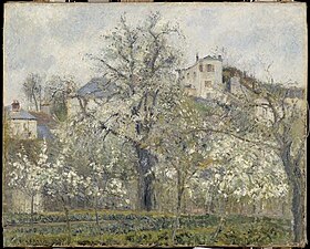 Camille Pissarro, Printemps, Pruniers en fleurs, œuvre présentée lors de l'exposition (actuellement dans les collections du musée d'Orsay« Printemps. Pruniers en fleurs », Musée d'Orsay (consulté le 6 mai 2024)).