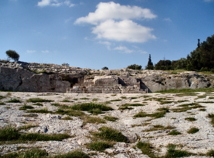 The Pnyx with speaker's platform in Athens, upon which Theramenes and other politicians stood while speaking.