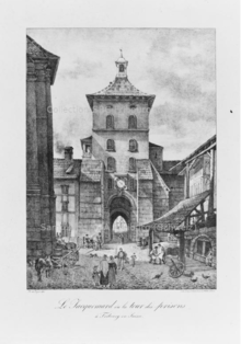 Litografia de Philippe de Fégely (1830) a preto e branco da Porte de Jacquemart, destruída em 1853. Torre fortificada encimada por torre sineira, perfurada na sua base por uma porta que conduz a um pátio interior.