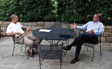 President Barack Obama met with Speaker of the House John Boehner on the patio near the Oval Office on Sunday, July 3, 2011, during the debt ceiling increase negotiations. President Obama & John Boehner debt ceiling negotiations.jpg