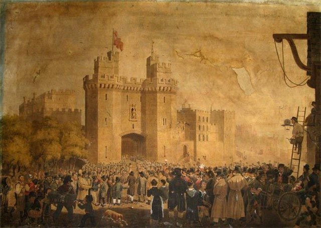 The castle's 15th-century gatehouse, in a 19th-century depiction by an unknown artist, with new inmates arriving at the castle when it was used as a p