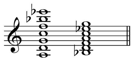 Quartal chord on A equals thirteenth chord on B♭, distinguished by the arrangement of chord factors Play (help·info).[3]