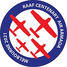 Logo depicting stylised red aircraft within a blue military air force roundel