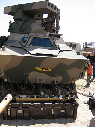 South African Ratel IFV with a missile turret for ZT3 Ingwe anti-tank guided missiles Ratel ZT3 front.JPG