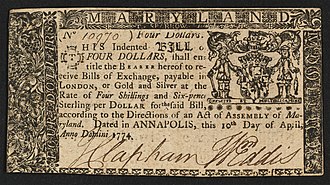 Maryland four dollar banknote from 1774 Recto Maryland 4 dollars 1774 urn-3 HBS.Baker.AC 1083638.jpeg
