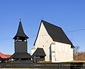 Reformed church and wooden bell tower in Márokpapi, Hungary.jpg