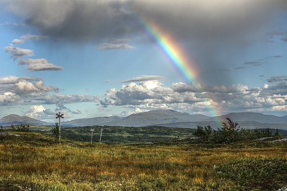 A rainbow over Brattlidfjället. Taken from the trail in Blåsjöfjäll natural reserve, close to the Norwegian border in the westernmost parts of the Jämtland region. Photograph: Jojoo64 (CC BY-SA 4.0)
