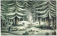 John Franklin's men constructing a camp during the first winter of the expedition to Coppermine River, c. 1820 Resting Place in Winter.jpg