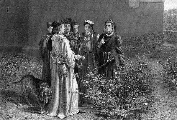 Frederick and Alfred Heath engraving of Scene in the Temple Garden by John Pettie (1871)