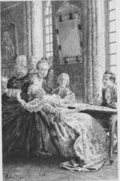 Madame de Menthon découvrant la gorge de Madame de Warens pour mettre au jour le rat censé être caché là selon Rousseau, illustration pour une édition des Confessions.