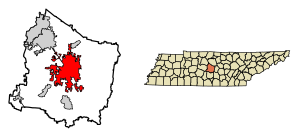 Location of Murfreesboro in Rutherford County, Tennessee.