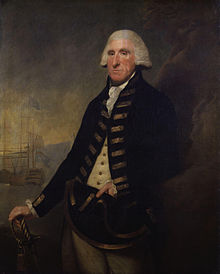 Pintura de um homem idoso com peruca e uniforme naval